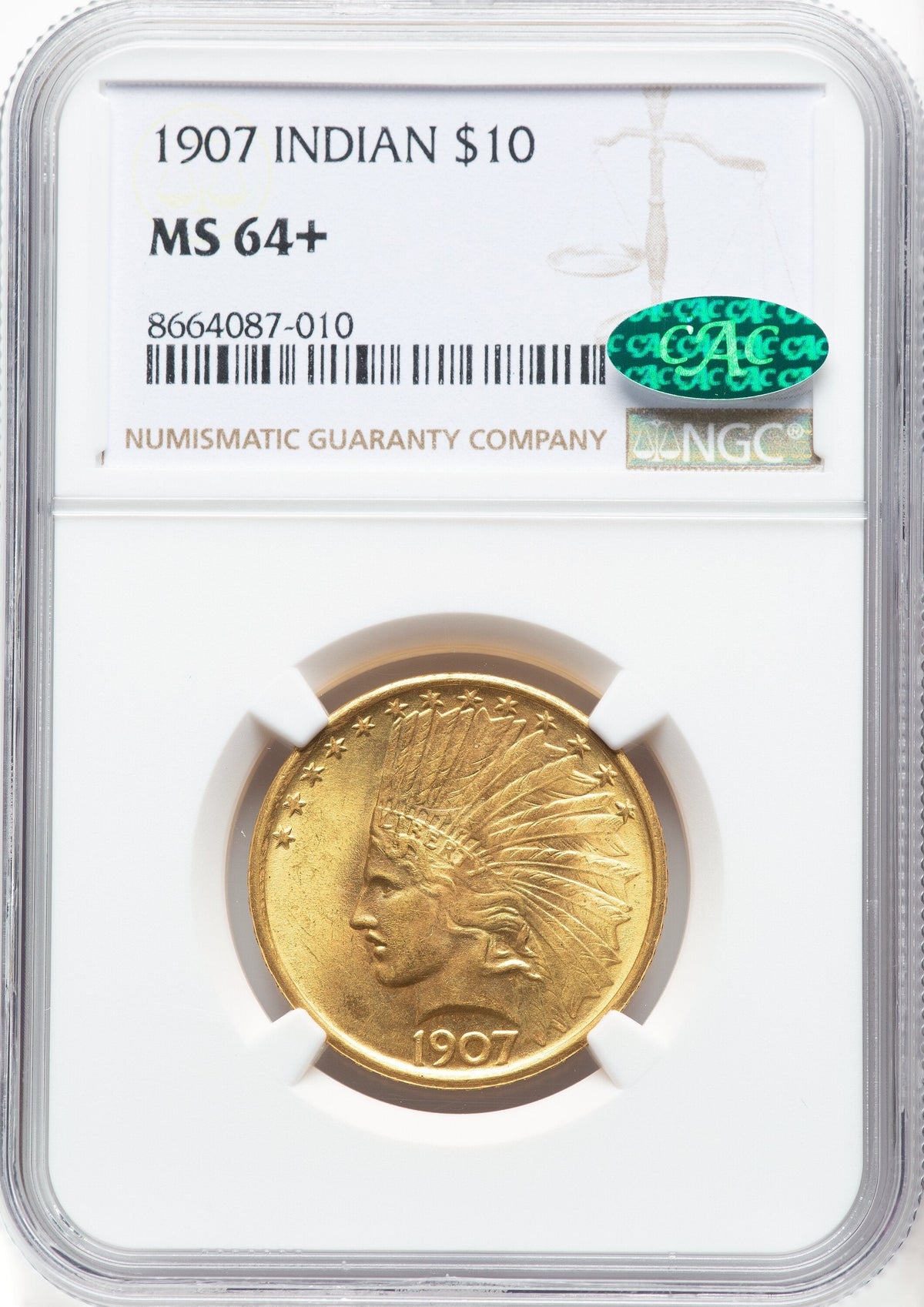 1907 $10 No Motto CAC Indian Eagle NGC MS64+
