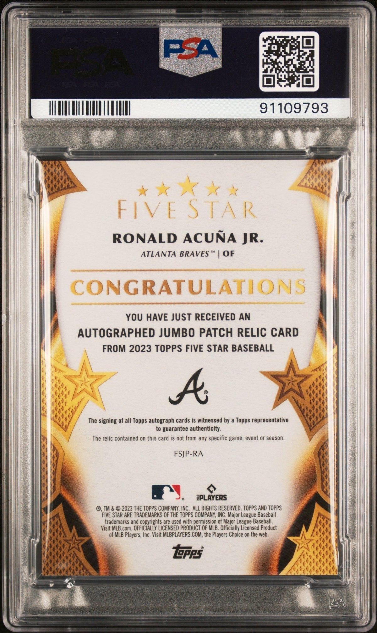 2023 Topps Five Star Auto Prime Relics Ronald Acuna JR. #FSJPRA 14/25 PSA 10