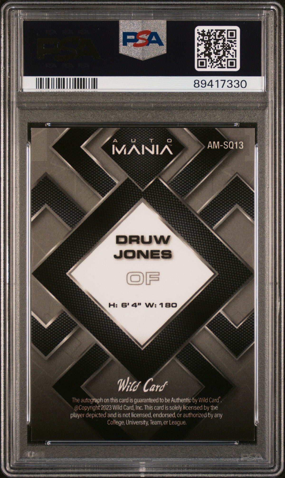 2023 Wild Card Auto Mania Autographs Druw Jones #AMSQ13 SQR Red 2/6 PSA 10