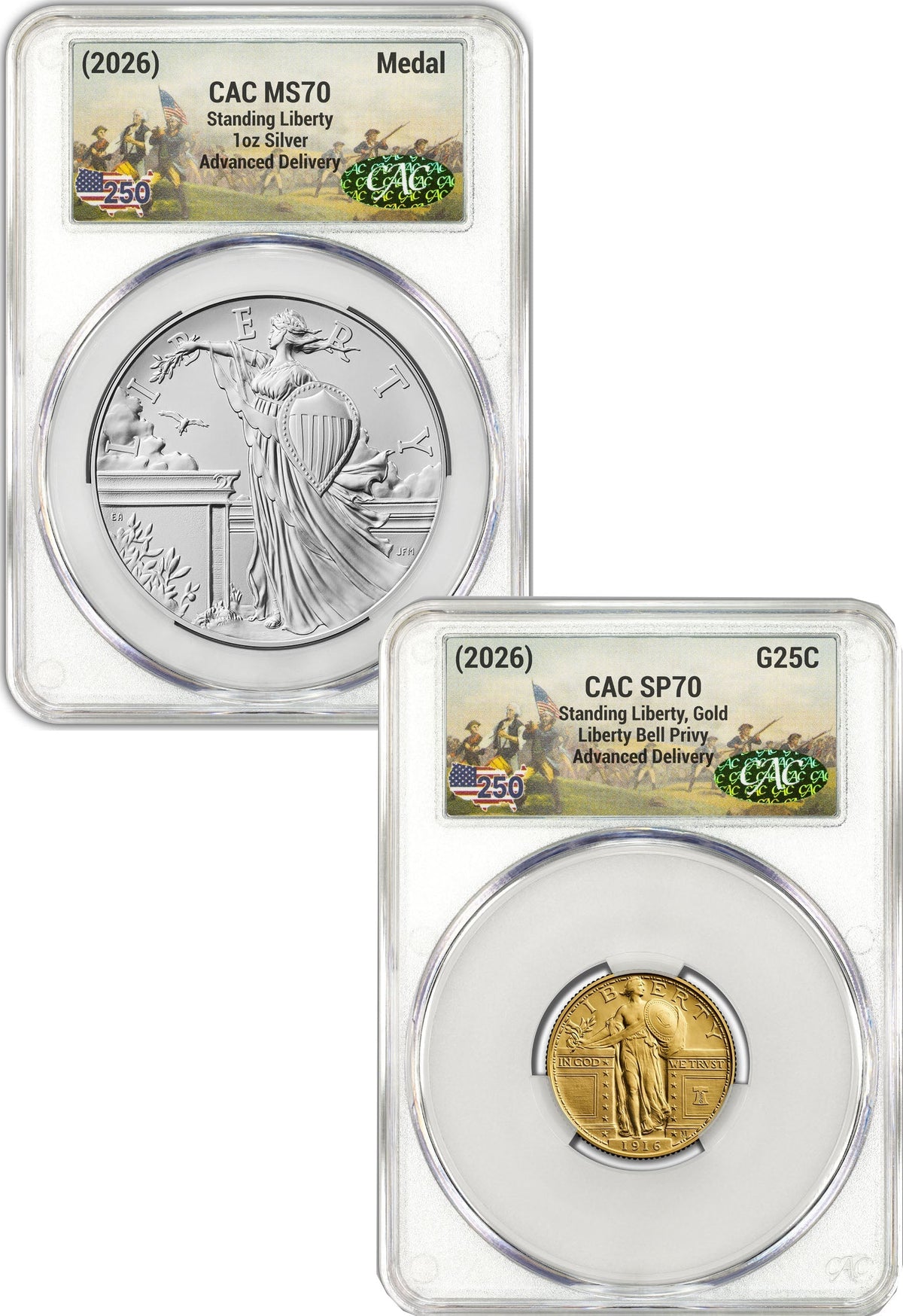 2026 Best of Mint 1916 Gold Standing Liberty Quarter & Silver Medal Set AD CAC SP70/MS70 Battlefield