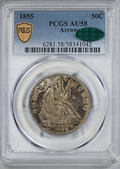 1855 Liberty Seated Half Dollar 50C PCGS AU58 CAC - Arrows