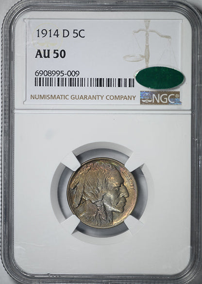 1914-D Buffalo Nickel 5C NGC AU50 CAC - TONED!