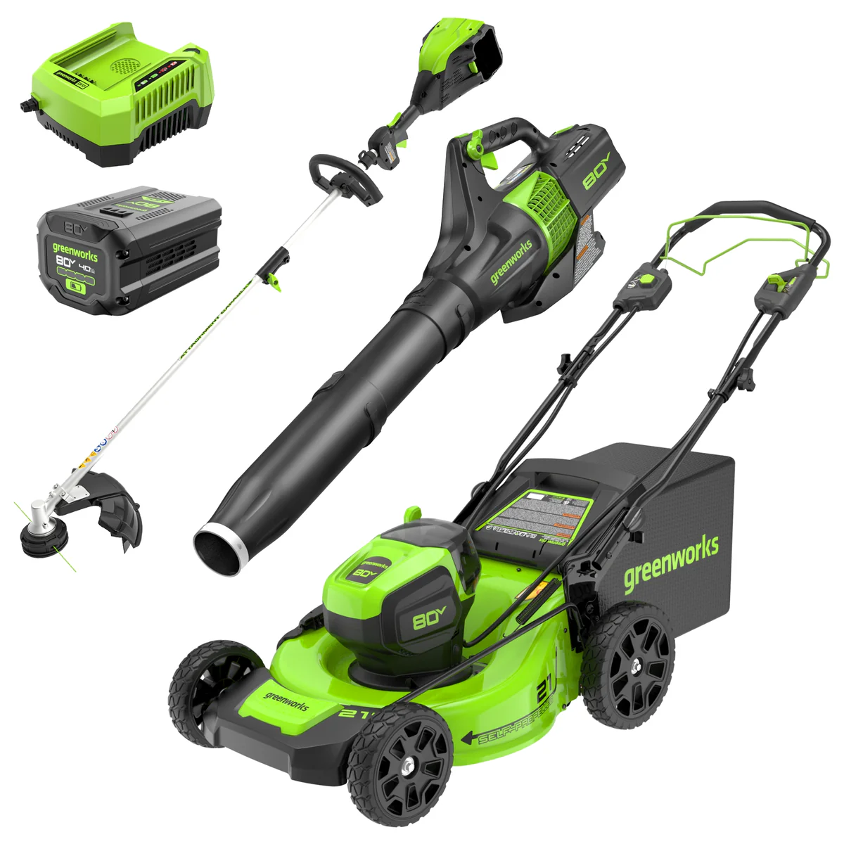 p16-i0.webp Greenworks 80V 21″ Cordless Battery Brushless Self-Propelled Mower 3pc Combo Kit - Image 1