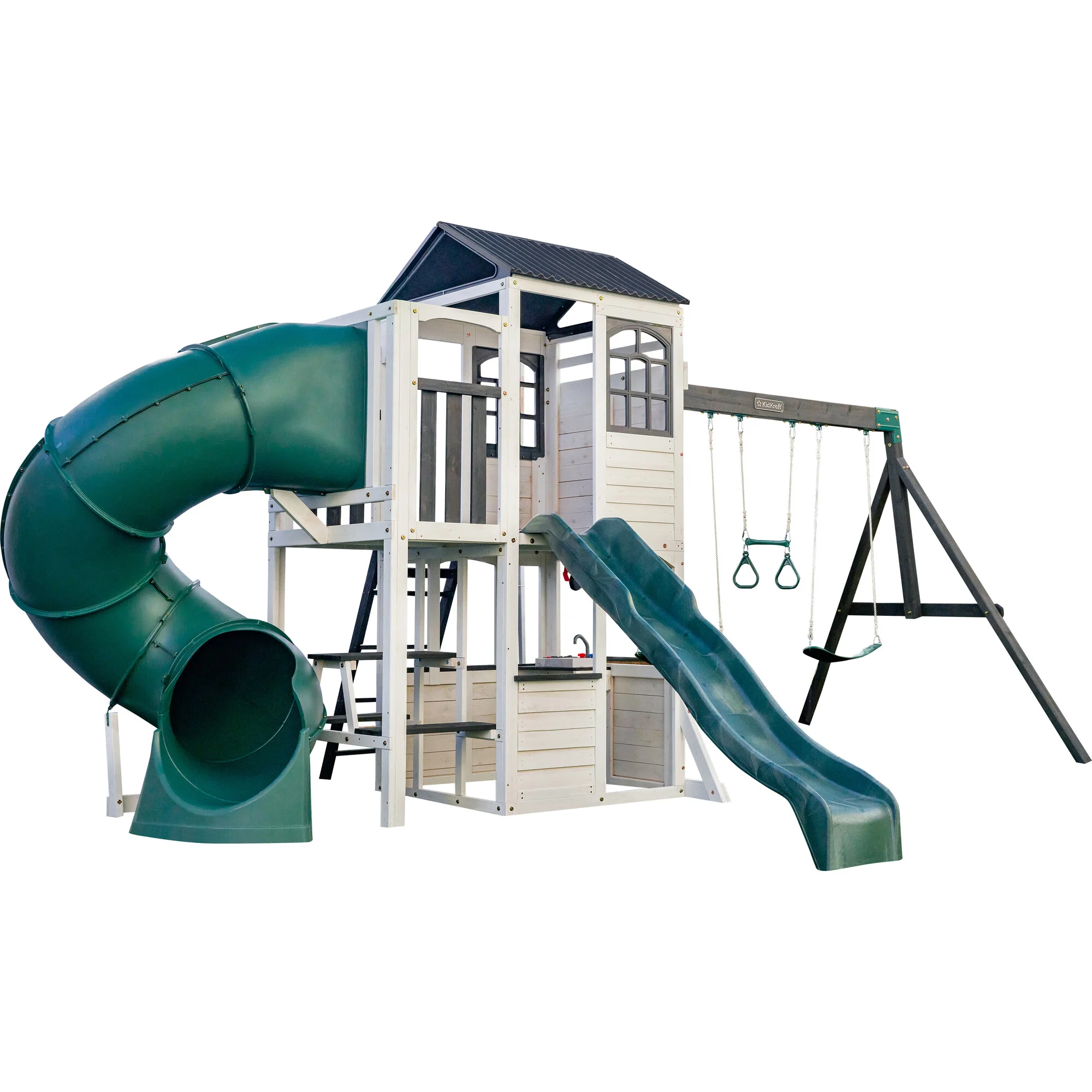 p56-i0.webp Wrangler Way Wooden Swing Set / Playset with Playhouse, 2 Slides and 3 Swings - Image 1