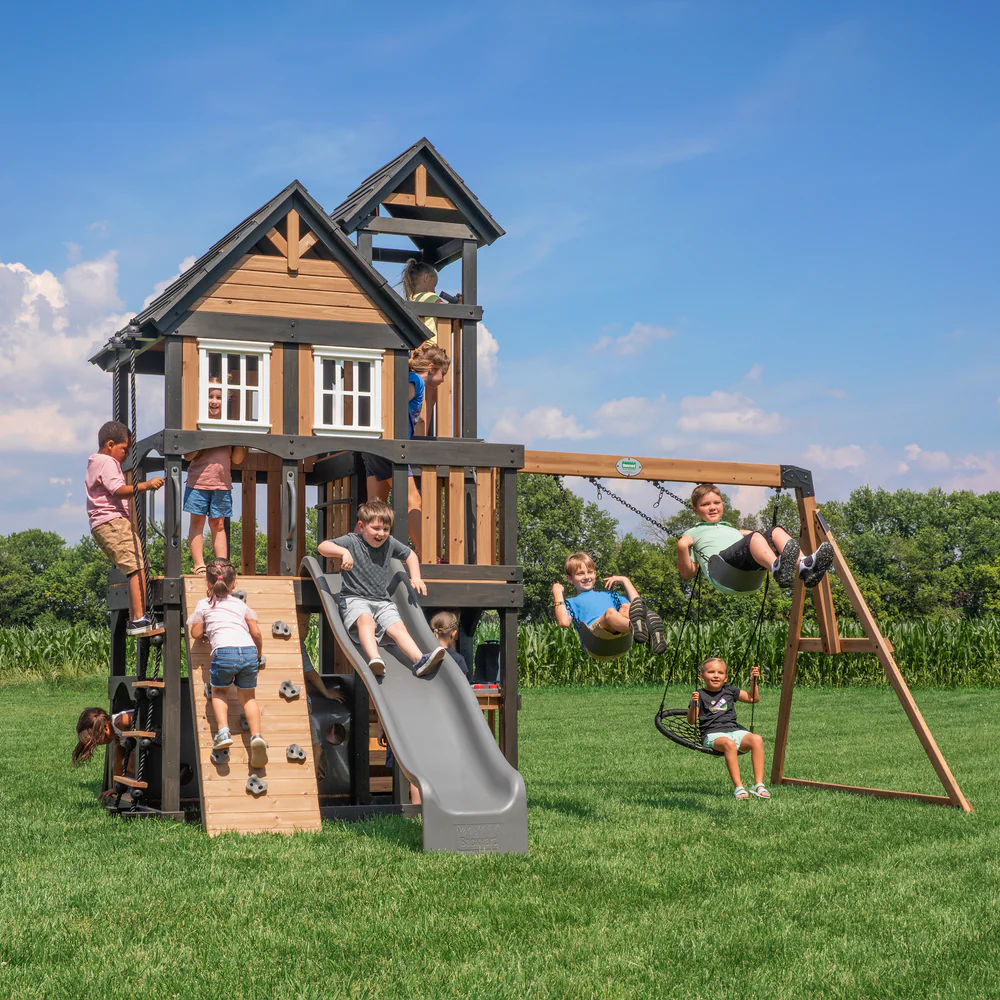 p57-i0.webp Backyard Discovery Mystic Tower Multi-Level Cedar Swing Set with Hidden Climbing Tower - Image 1