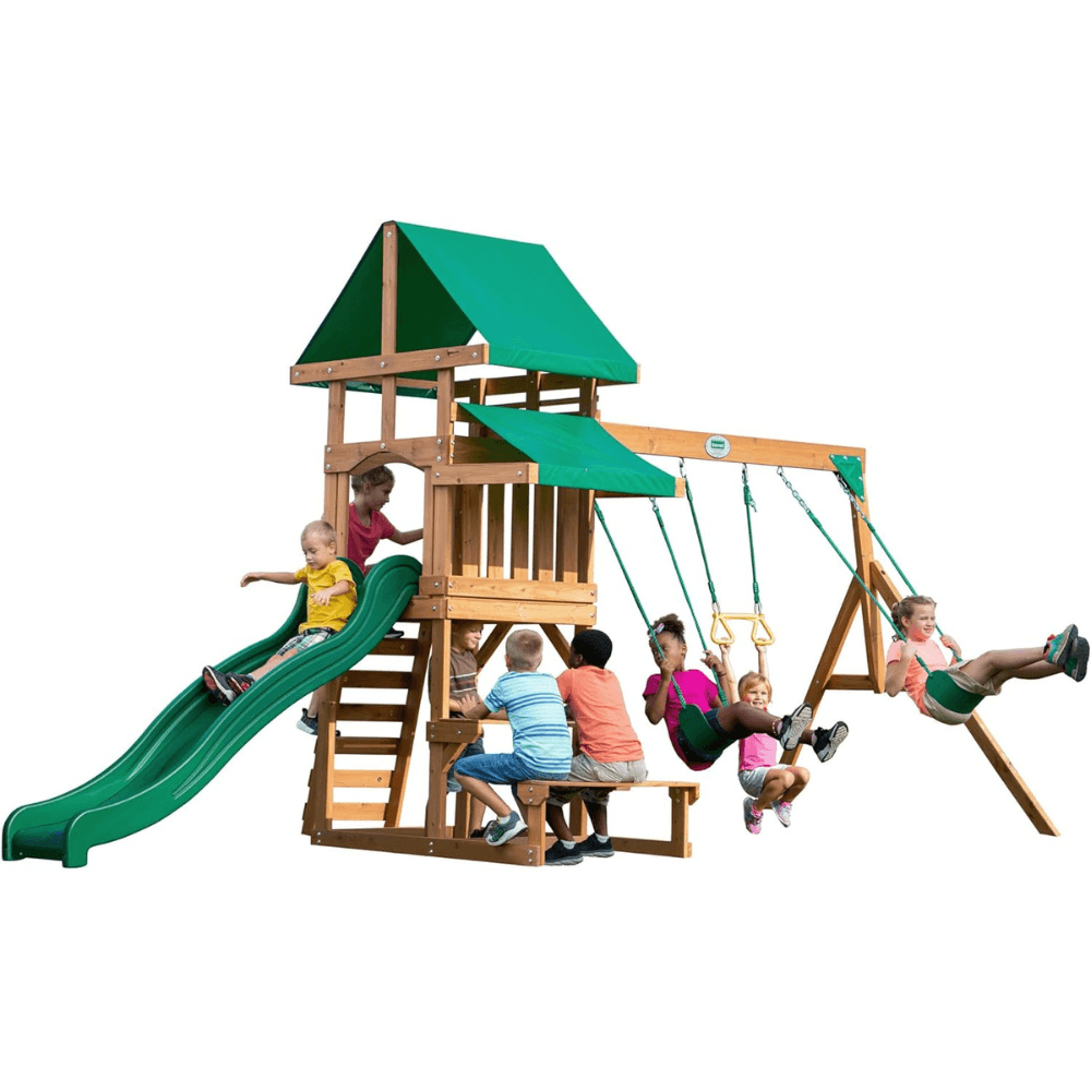 welt-product-58-image-1.png Canyon Creek All Cedar Swing Set Playset w/ Rockwall Upper Fort Belt Swings Web Swing Gray Wave Slide, and Play Kitchen - Image 1