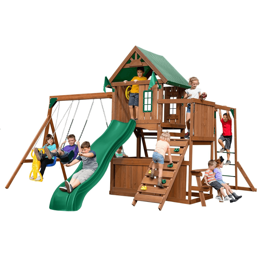 welt-product-73-image-1.png Knightsbridge Plus Complete Wooden Outdoor Playset with Monkey Bars, Slide, Rock Wall and Swing Set Accessories - Image 1